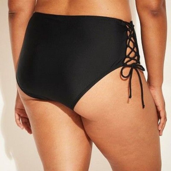 Junior's Plus Size Lace Up High Waist Bikini Bottom Black 16X/18X Xhilaration - Picture 2 of 5